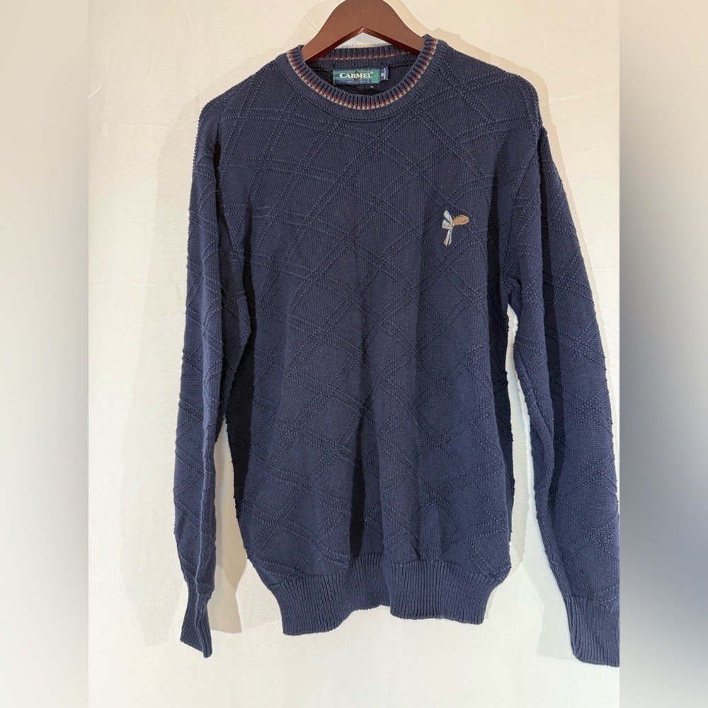CARMEL Men's M Knit Golf Diamond Pattern Sweater Navy Blue Cotton